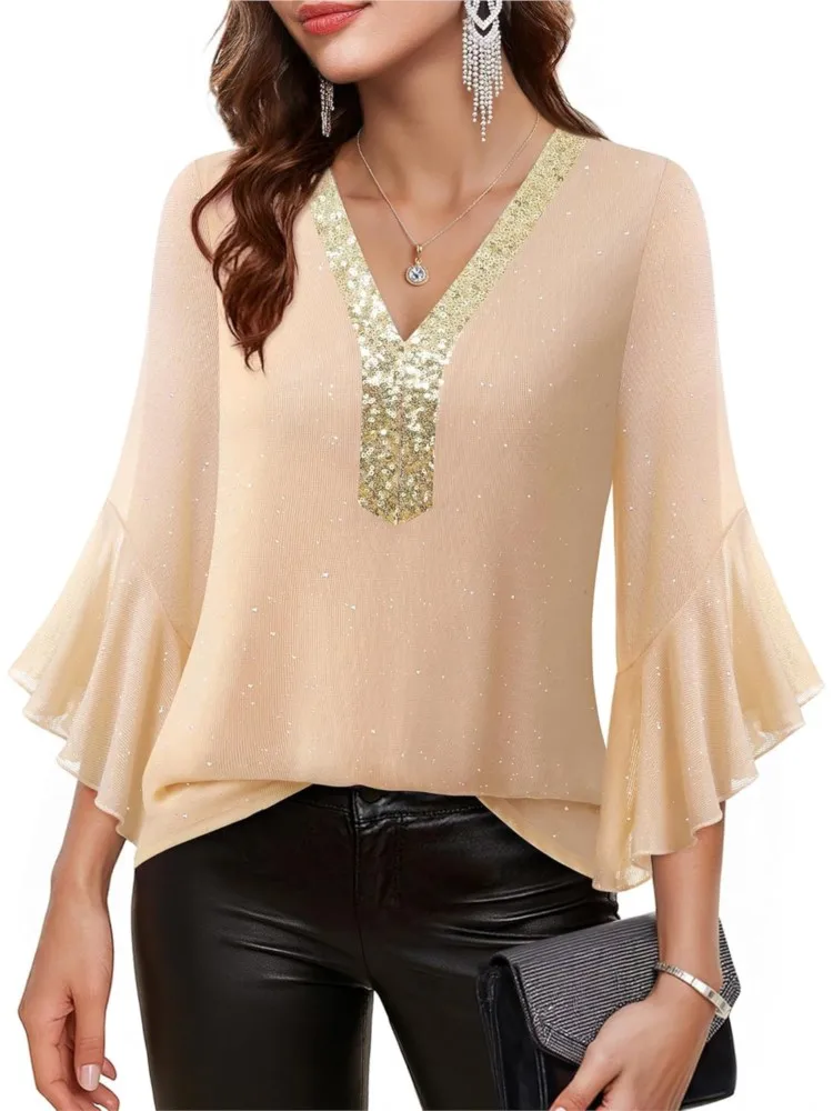 

Элегантная женская футболка-блузка с рукавом три четверти и расклешенным низом, контрастными пайетками и V-образным вырезом, весна 2026