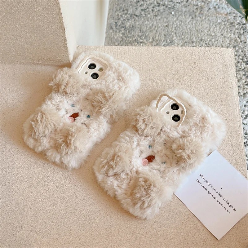 Kawaii Cartoon Fur Fluffy Puppies Phone Case For iPhone 14 Plus 11 12 13 15 16 Pro Max Cover Cute Fuzzy Protective Cases For 15