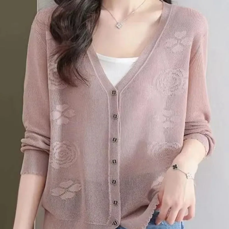 

Spring Summer coat High end Ice Silk Hemp Sunscreen Air Conditioning Cardigan Women's Korean Long Sleeved Top Knitted Jacket