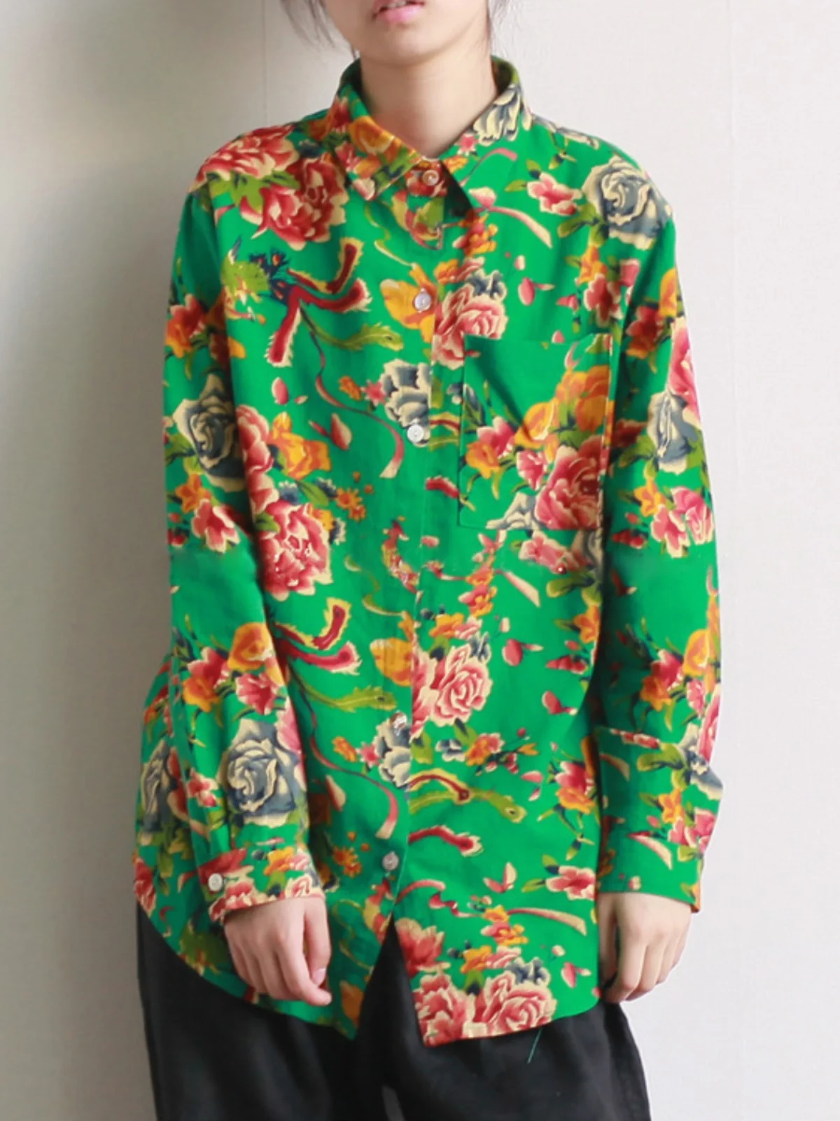 Artistic Loose Long Sleeve Cotton Linen Shirt Spring Autumn Large Flower Pattern Traditional Northeast China Style Women's Top
