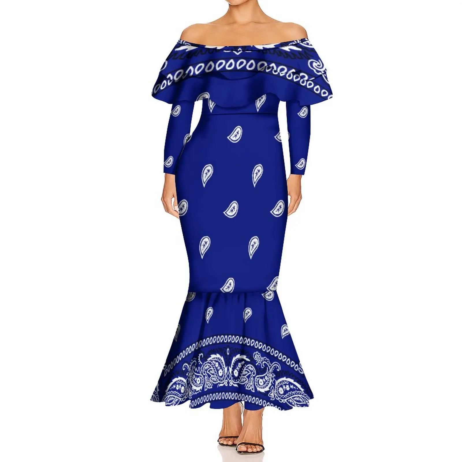 Verão bandana dupla camada babados havaiano feminino manga comprida um ombro fino fishtail vestido padrão de vestido personalizado