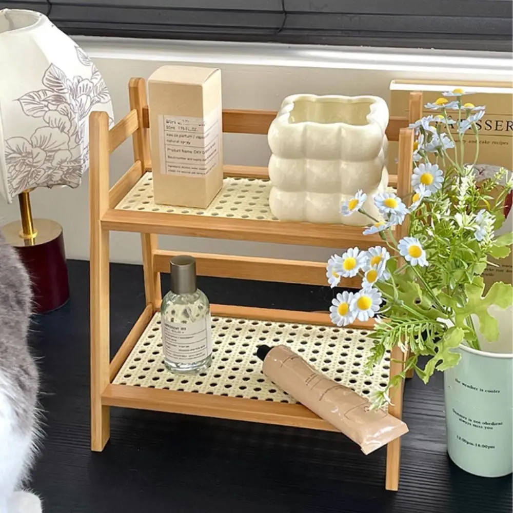 Wooden Storage Shelf Rattan 2-Tiers Desktop Organizer Display Stand Multifunctional Stationary Rack for Kitchen Bedroom Office