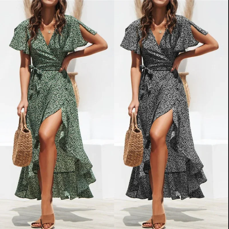 Vestido largo de gasa con estampado Floral para mujer, traje bohemio con volantes, cuello en V, Sexy, para fiesta, Verano