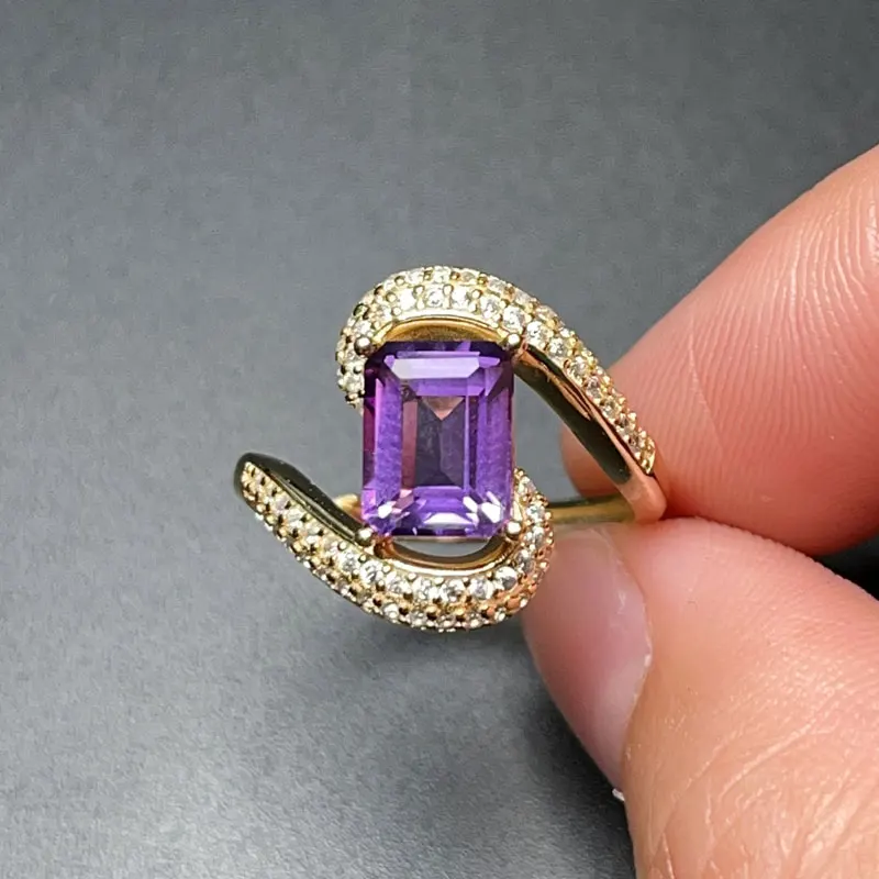 Trendy Design Silver Gem Ring for Party 6mm*8mm 1.2ct Natural Amethyst Ring Solid 925 Silver Amethyst Jewelry