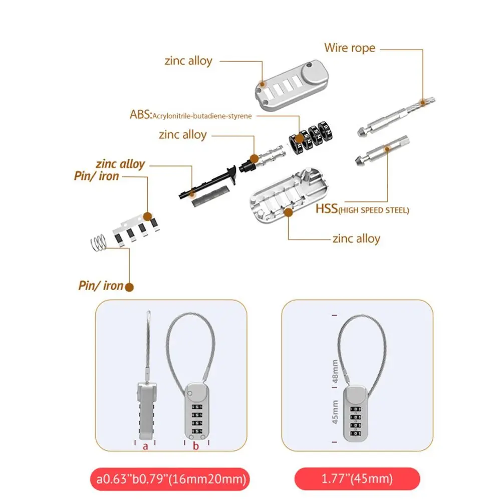 Portable Zinc alloy 4 Digit Password Lock Wire Rope Anti-theft Dormitory Cabinet Lock Padlock Backpack Zipper Lock Home