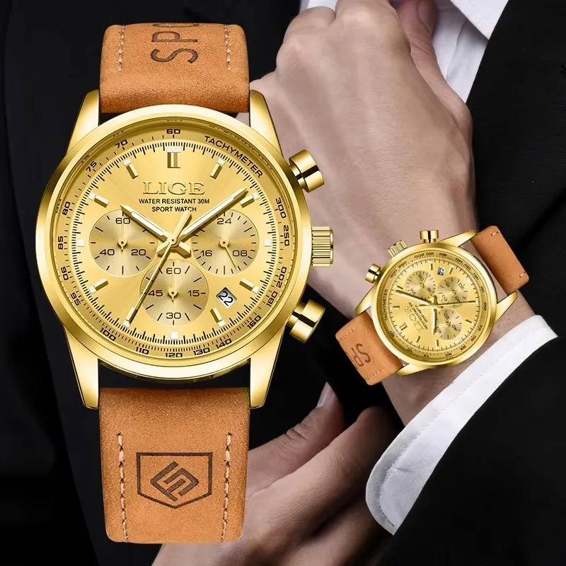

LIGE мужские часы модные деловые кварцевые наручные часы из натуральной кожи водостойкий хронограф светящиеся часы мужские мужские часы