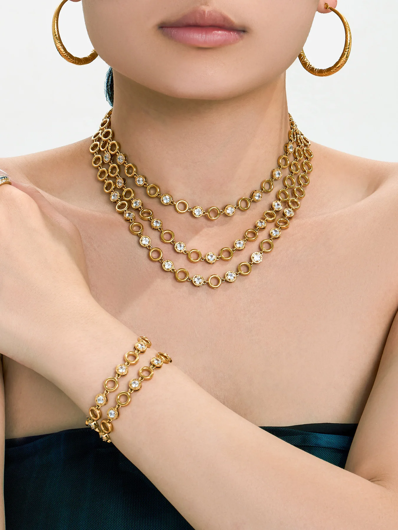 316L Edelstahl Halsketten- und Armband-Set mit Krappenfassung Zirkon für Damen Wasserdichter Ring Kette Glänzender Grenzübergreifender Schmuck – Detail 2