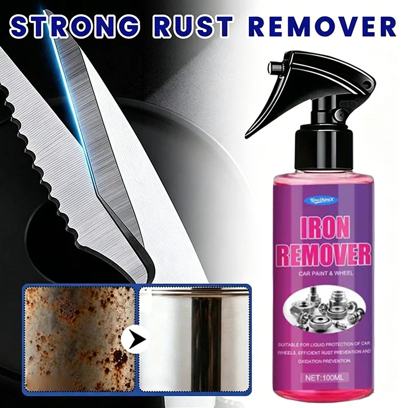 100ml Car Rust Remover Spray Metal Surface Chrome Paint Maintenance Iron Powder Cleaning Agent Auto Wheel Strong Stain Removal