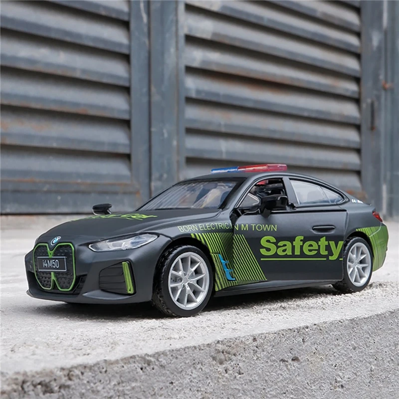 1:32 BMW I4 M50 Alloy New Energy Car Model Diecast Metal Police Vehicles Car Model Simulation Sound and Light Childrens Toy Gift