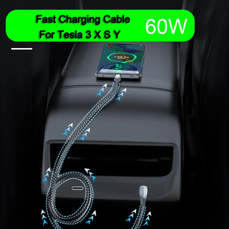 Cabo de carregamento rápido para Tesla Modelo 3 Y, Acessórios de Carro, Estação de ancoragem Inteligente, Tipo-C para C, USB, IOS, 60W, 2017-2022, 2023