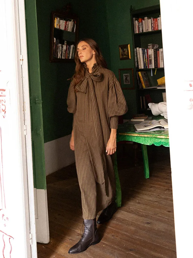 Fashion Brown Stripe Print Lace-up Maxi Dress Women Casual Lantern Sleeve Loose Vestidos Causal Female Vocation Streetwear