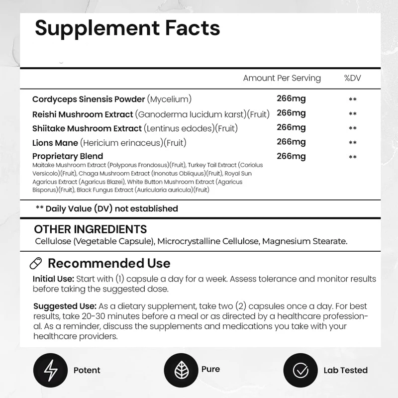 แผงคอสิงโตเห็ดหลินจือ lucidum และ Cordyceps sinensis 10เห็ดคอมเพล็กซ์สำหรับความเข้มข้นภูมิคุ้มกันและพลังงาน (60แคปซูล)