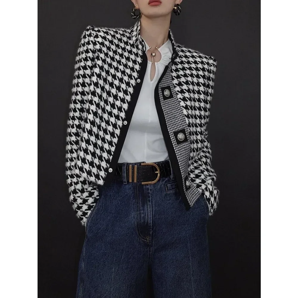 Yeezzi 2024 New Fall Winter Houndstooth Jacket Coat For Women Long Sleeves Stand Collar Retro Elegant Classics Party Outerwears