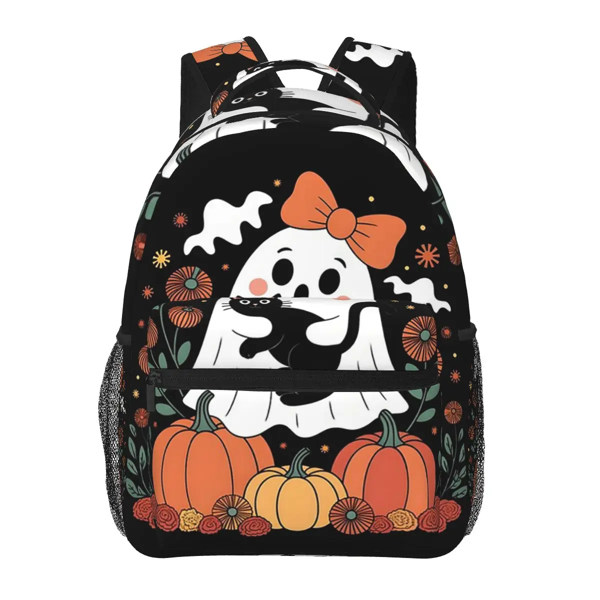 Ghost With Black Cat And Pumpkins Halloween Autumn Backpacks Boys Girls Bookbag Students School Bag Laptop Rucksack Shoulder Bag
