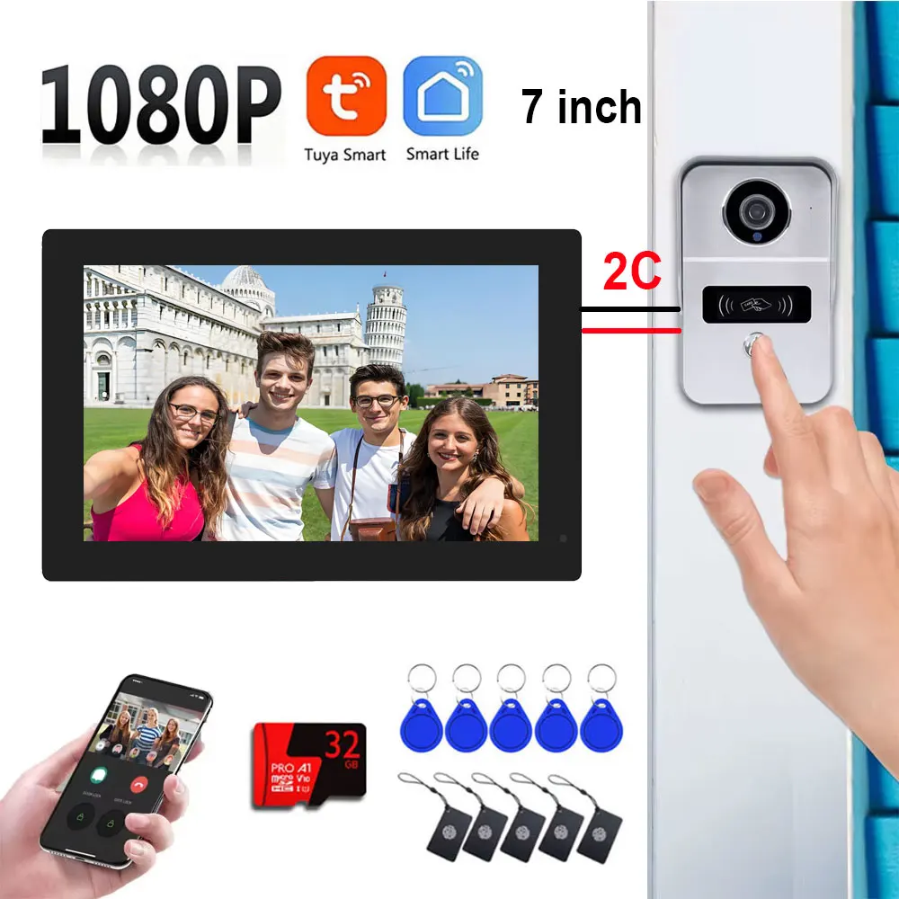 

Tuya Wifi Video Doorbell 1080P 7 Inch HD Color Touch Screen Smart APP Home Visual Intercom Kits for RFID Access Control System