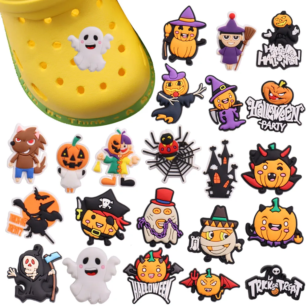 

Mix 50pcs Spooky Halloween Gift Ghost Spider Trick Or Treat Pumpkin PVC Sandals Shoes Buckle Decoration Children Shoe Charms