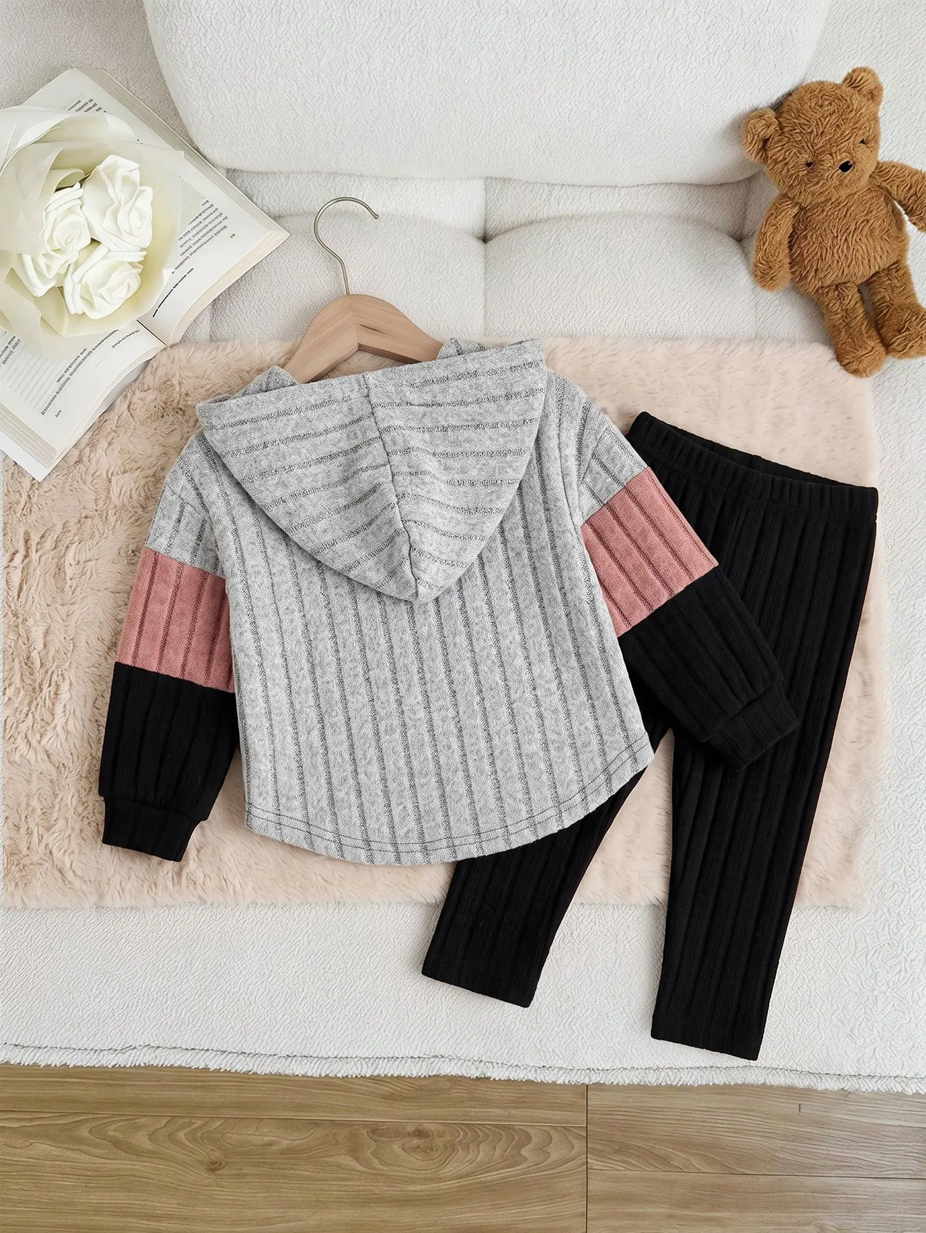 Baby Girl Color Block Patchwork Loose Fleece Brushed Ribbed Elastic Fabric Hooded Pullover Autumn Top Basic Ribbed Leggings Suitable For Winter