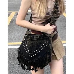 Denim Y2k Rivets Womens Shoulder Bag Fashion Tassels female Messenger Crossbody Bag Large Capacity ladies Handbag Sac totes