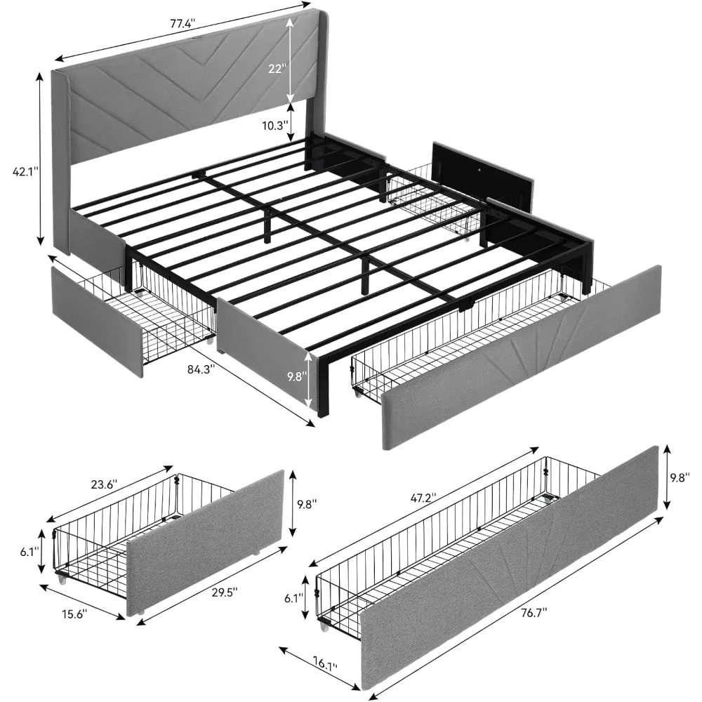 إطار سرير معدني بحجم كينج مع لوح رأسي منجد وأدراج تخزين ومنافذ USB ونوع C، لا حاجة إلى صندوق زنبركي #2