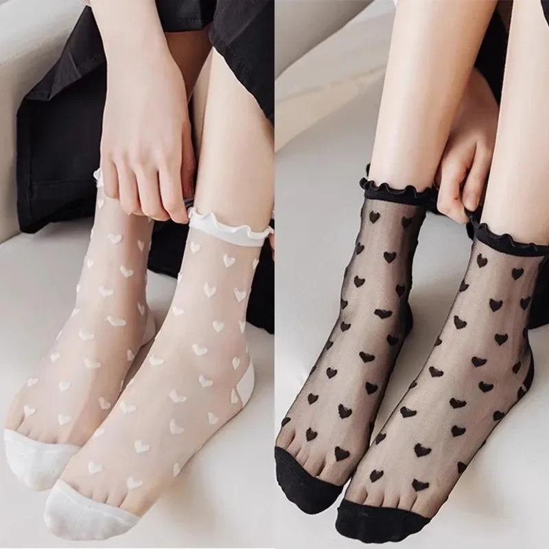 Women Sexy Ruffled Love Heart Thin Long Socks JK Uniform Lolita Sweet Glass Fiber Transparent Ins Style Black Lace Socks