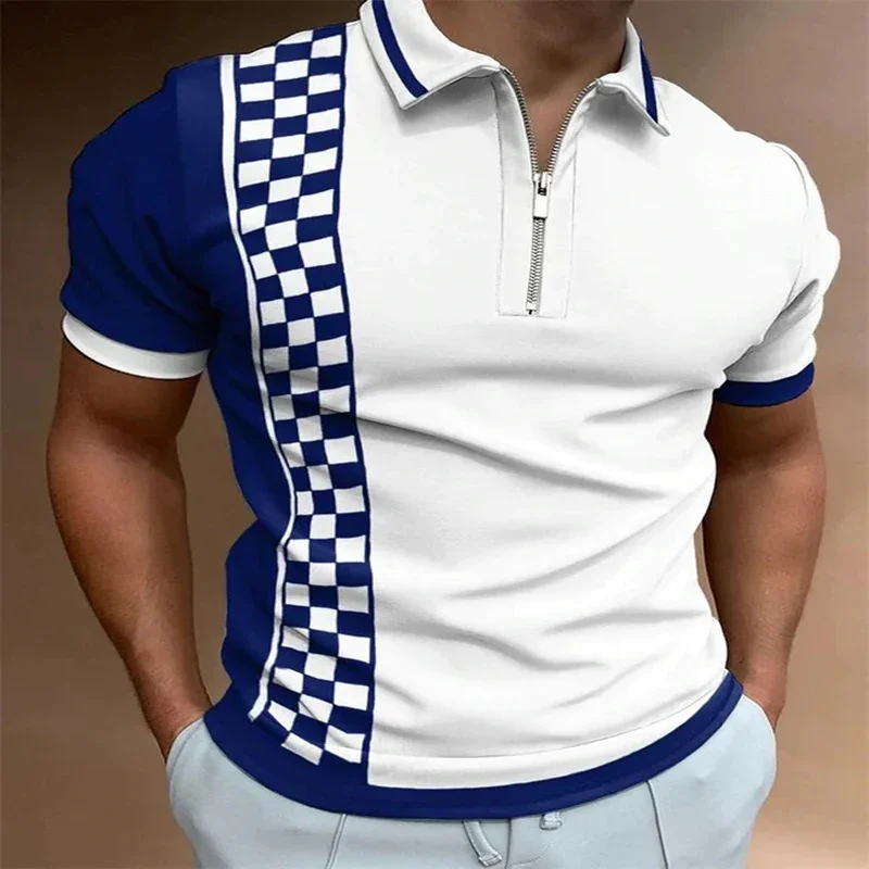 Square Grid 3D Print Polo Zipper Short Sleeve Shirt for Men