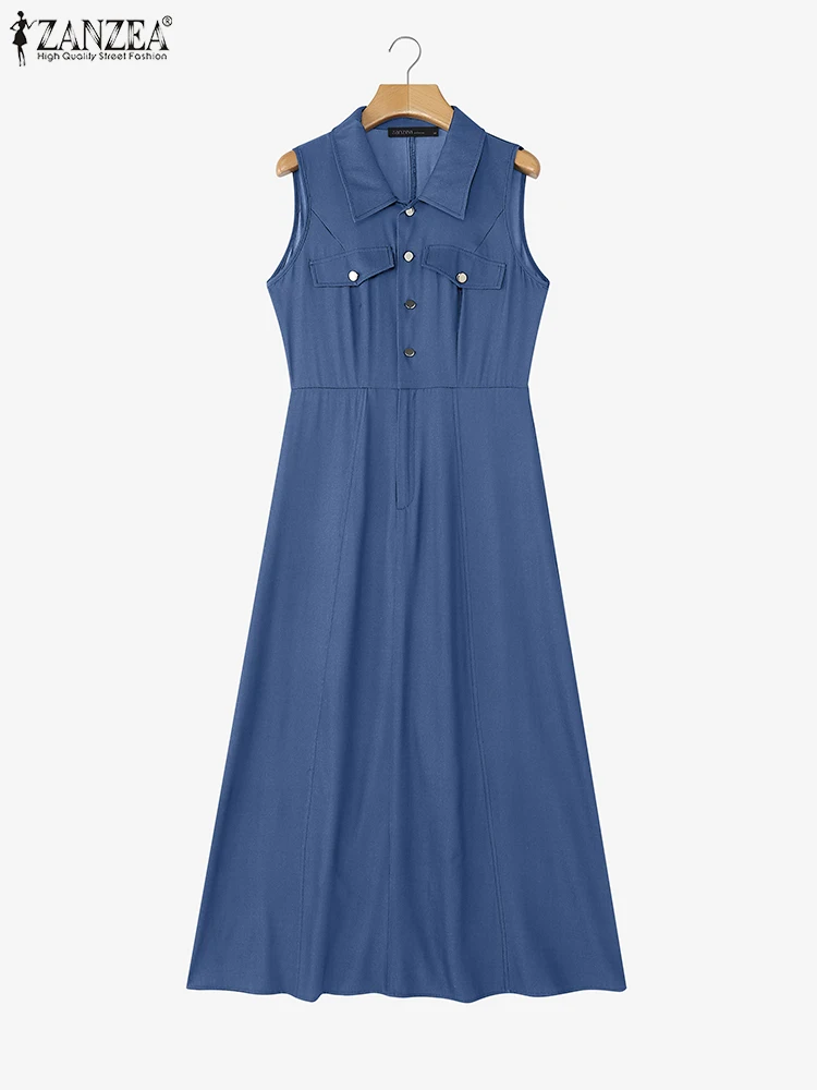 2025 ZANZEA été Denim bleu Robe mode femmes sans manches Robe d'été Maxi longues robes Robe Femme élégant solide robes de travail