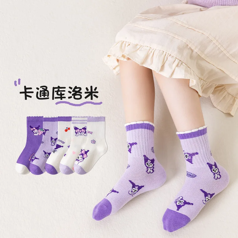 5 Pairs Sanrio Girls Socks Kuromi New Fall Winter Cartoon Children Mid-calf Socks Cotton Sock for Kids Gifts