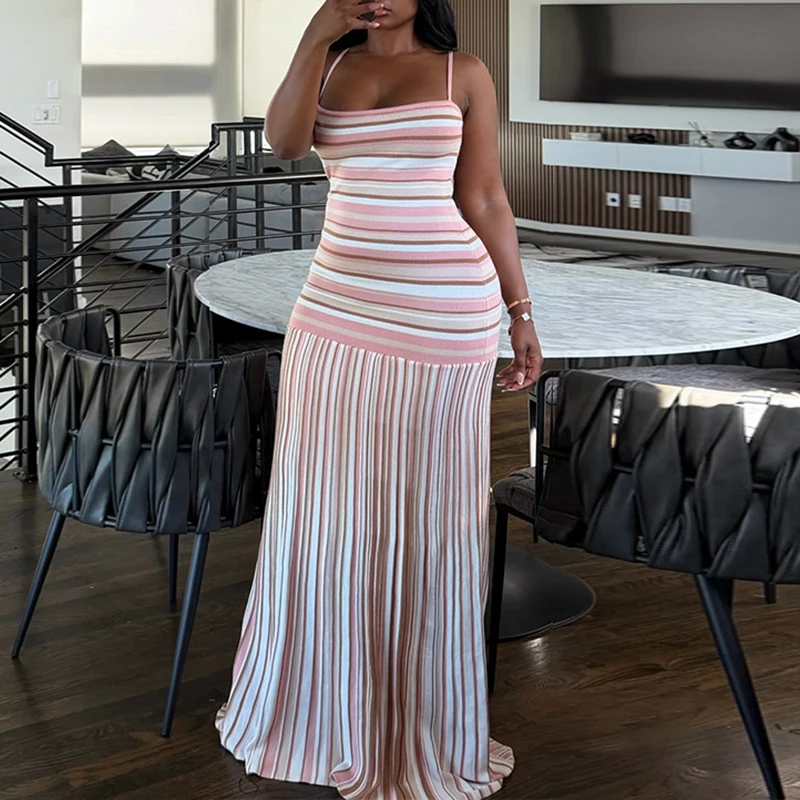 

Chic Contrasting Striped Backless Dress Fashion Splice Sleeveless A-line Formal Banquet Dress Elegant Straps Off Shoulder Dress