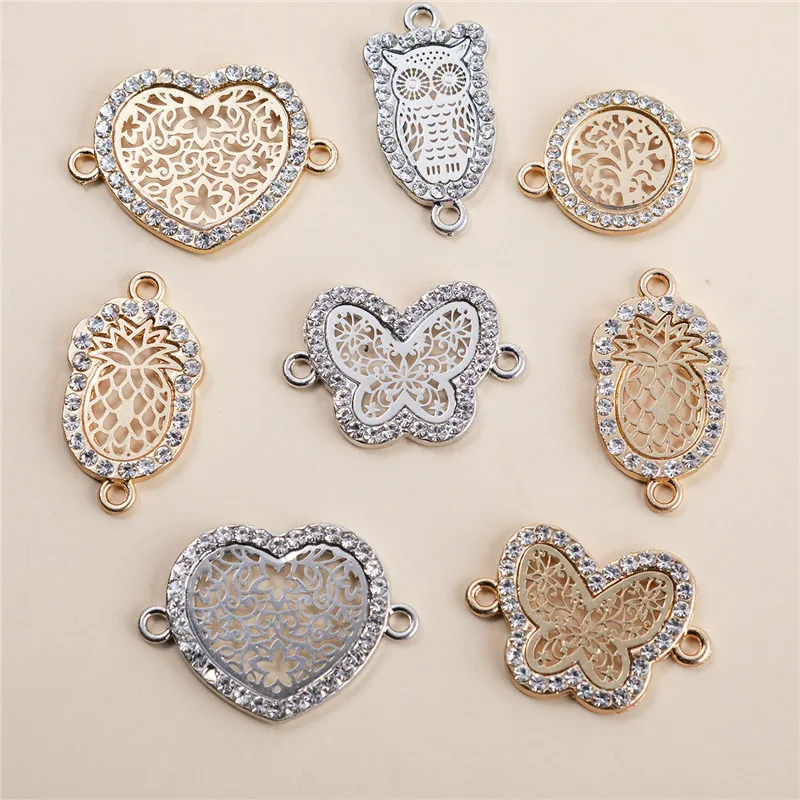 8PCS/PACK Gold Color Silver Color Crystal Owl Butterfly Pineapple Heart Charms Connector For Women Girls Jewelry Accessories