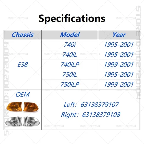 Imagen 2 del producto Para 1995-2001 E38 BMW 740i 740iL 740iLP 750iL luces de esquina de señal de giro delantera lámparas de estacionamiento (sin bombillas) 63138379107 63138379108