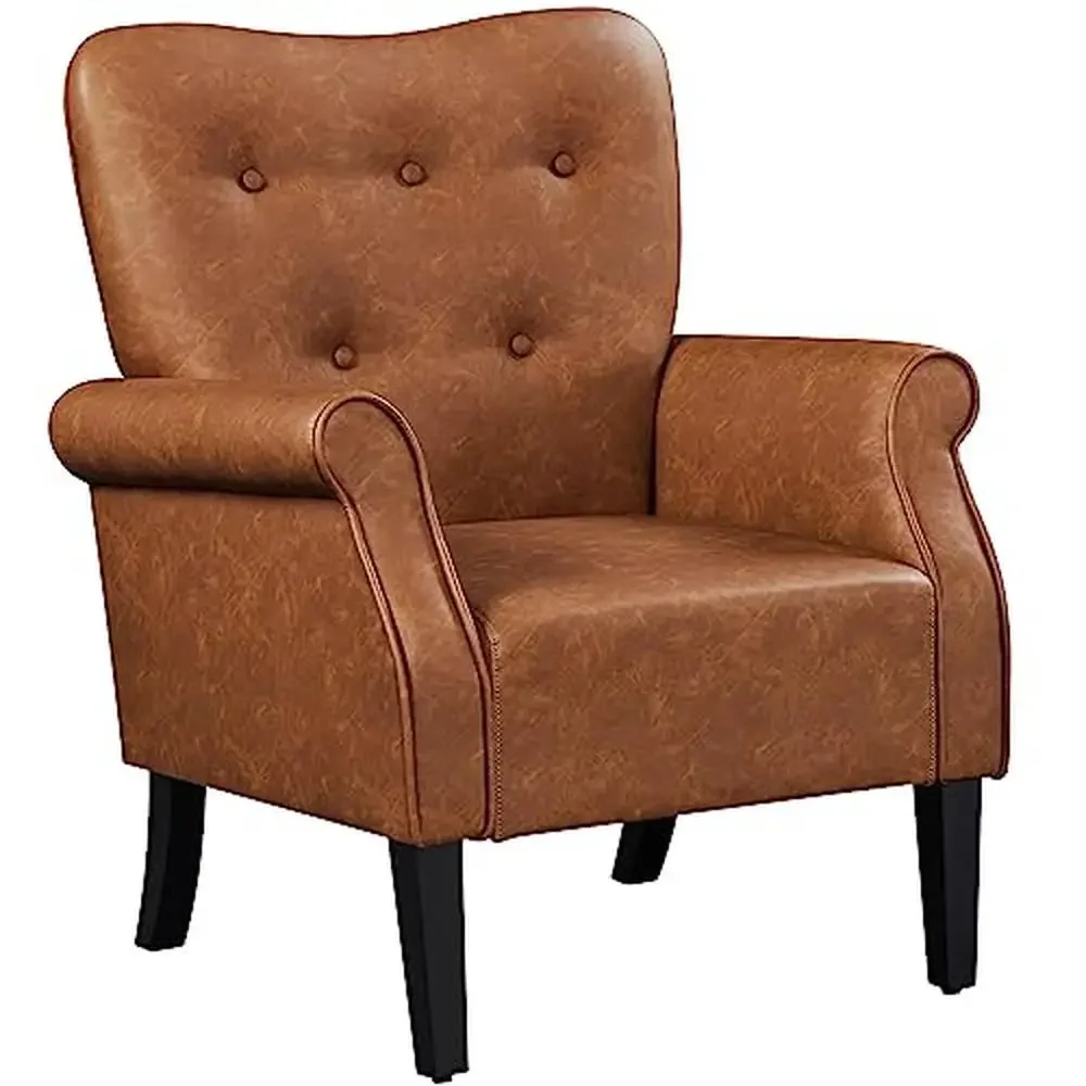 

Mid Century PU Leather Accent Chair Sturdy Wood Legs High Back Upholstered Club Sofa Modern Armchair Small Spaces Comfortable