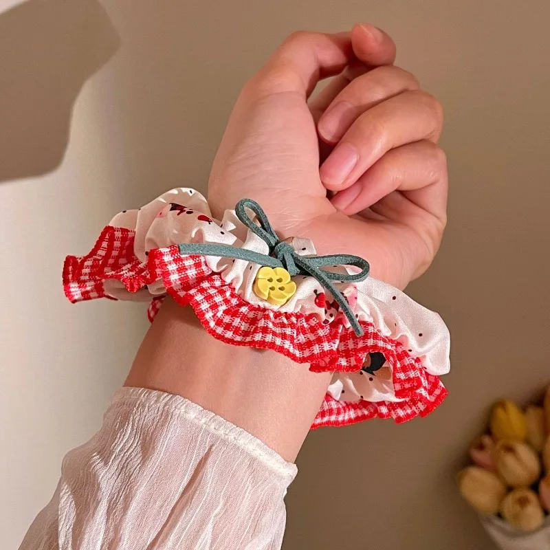 

Кружевные веревки для волос с цветочным принтом для девочек, корейские милые милые клетчатые эластичные резинки с бантом, модные универсальные головные уборы, аксессуары для волос