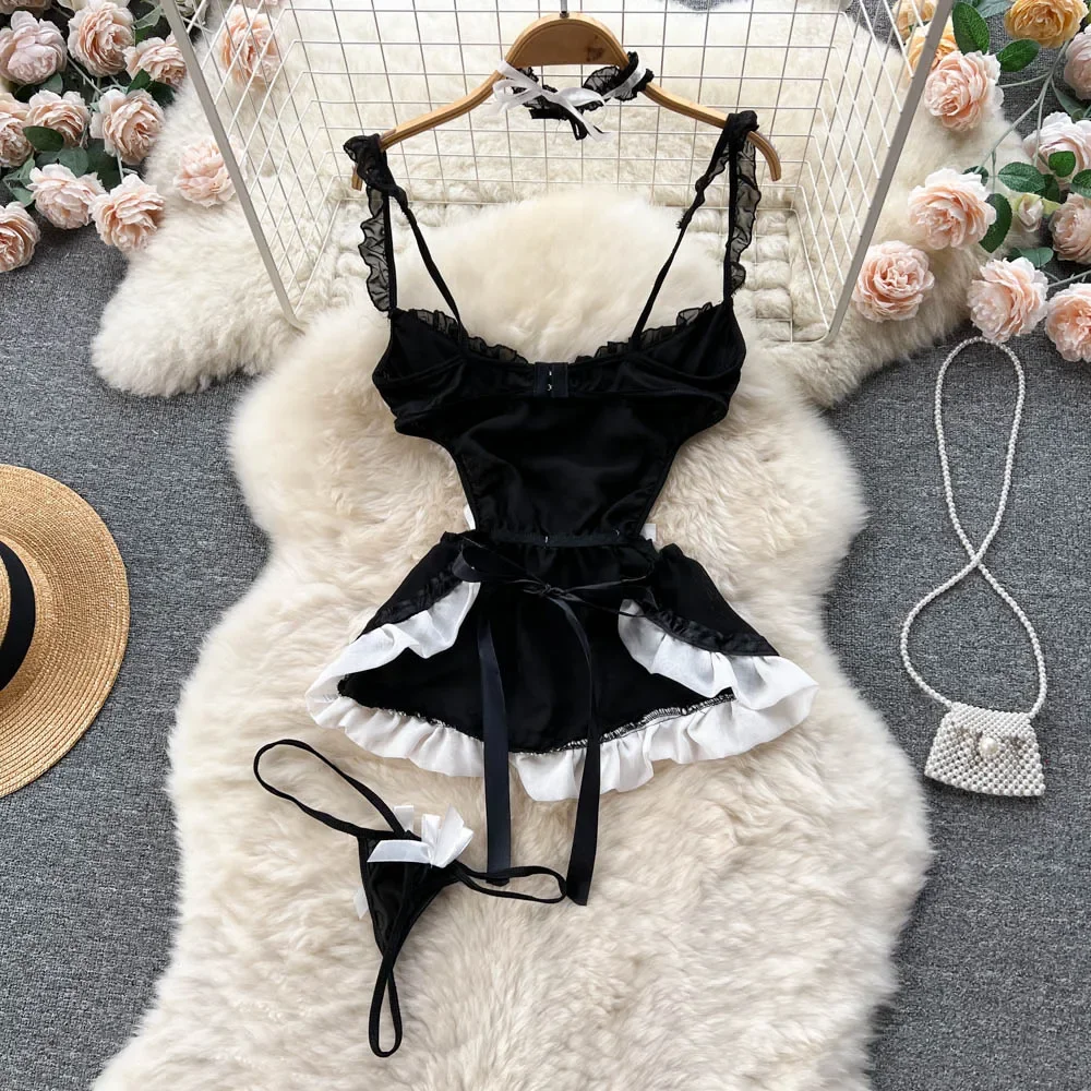 Women Erotic Uniform Sensual Night Dress Fashion Camis Lace Spliced A-line Nightwear Female Maid Slim Sheer Pajamas