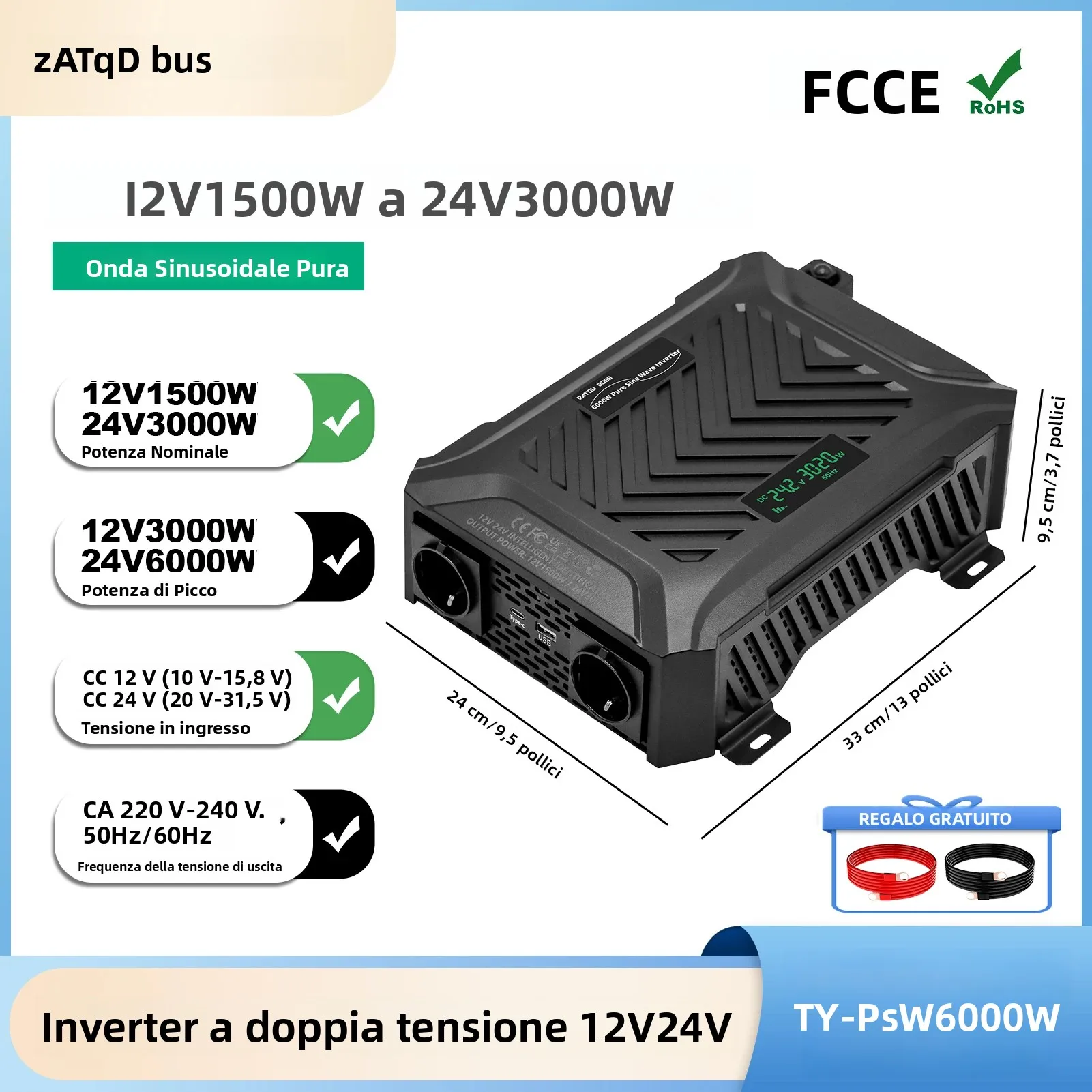 DAOUTBOSS Inverter a Onda Sinusoidale Pura a Doppia Tensione 12V/24V, Potenza Nominale 1500W/3000W, Inverter Portatile per Veicoli con Ingresso Automatico per Camper