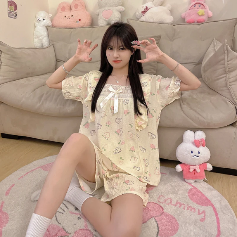 Korean Y2k Sweet Ins Cartoon Kawaii Women\'s Pajamas Square Neck Bow Lace Short Sleeve+shorts Sets 2024 New Summer Cute Nightgown