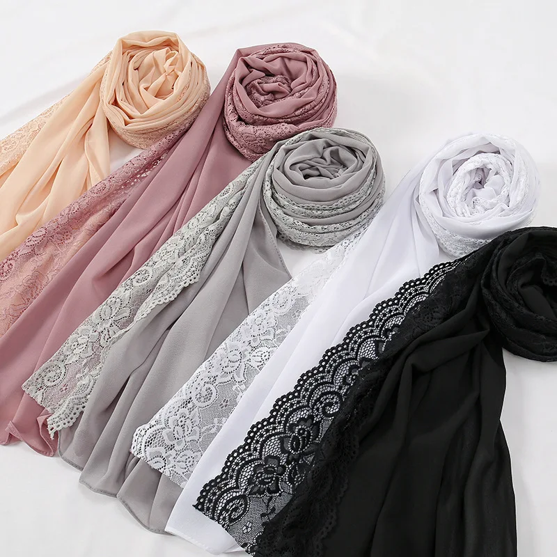 Muslim Bubble Chiffon Hijab Shawls Lace Stitch Floral Patchwork Scarves and Wraps Beach Summer Islamic Ramadan Snood 180*82cm