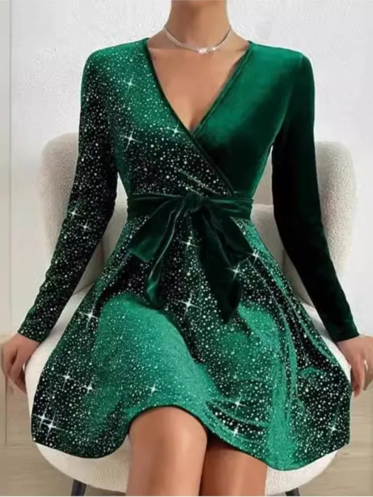 CPSYMYM – robe trapèze élégante avec ceinture pour femme, Sexy, col en v, manches longues, paillettes, mode de rue, robe de soirée, automne hiver