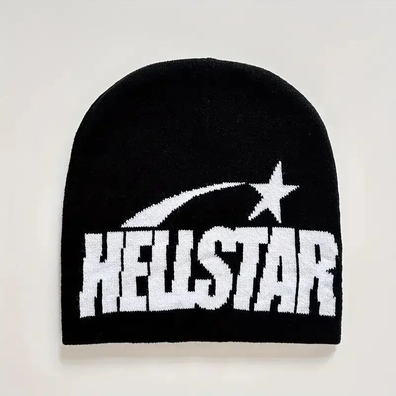 HELLSTAR Shooting Star Embroidery Knit Beanie Unisex Red Hat Couple Cold Cap Winter Dopamine Streetwear Men Women
