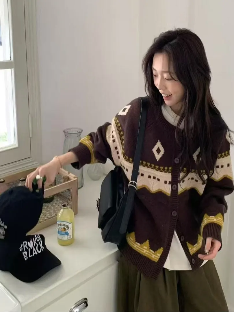 Herfst Gebreide Trui Dames Design Sensation Diamond Color Blo Afslanken Veelzijdig Open Vest Koreaanse Sle Loose Fit Lon...