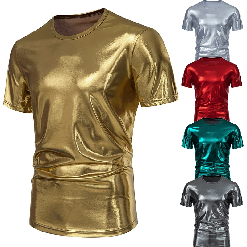 

Men'sShiny Metallic Short Sleeve T Shirt Fashion Dance Nightclub Stage Costume Multicolor Party Dress Men's Summer Short Sleeves