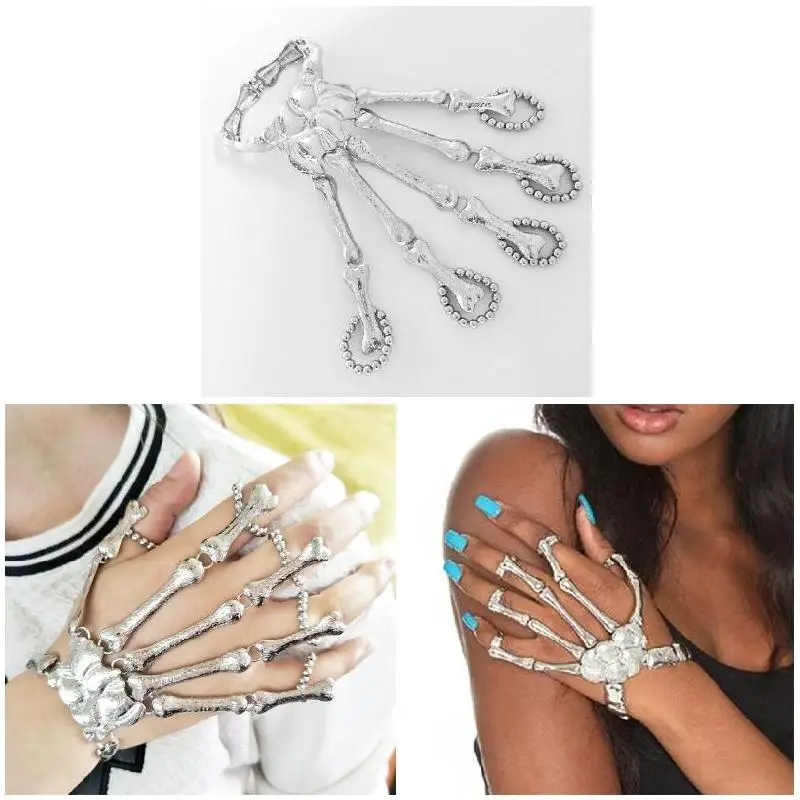 قفازات سوار معدنية بدون أصابع على شكل جمجمة للنساء على الطراز القوطي الشرير سلسلة قبضة من خليط معدني أوروبي أمريكي للجنسين فضي #5