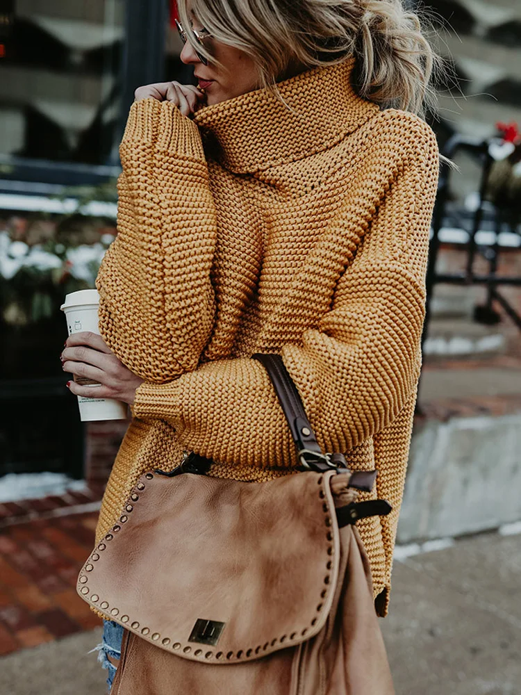 Jersey grueso de punto para mujer, suéter de cuello alto de gran tamaño, Tops verdes, ropa cálida, otoño e invierno, 2022