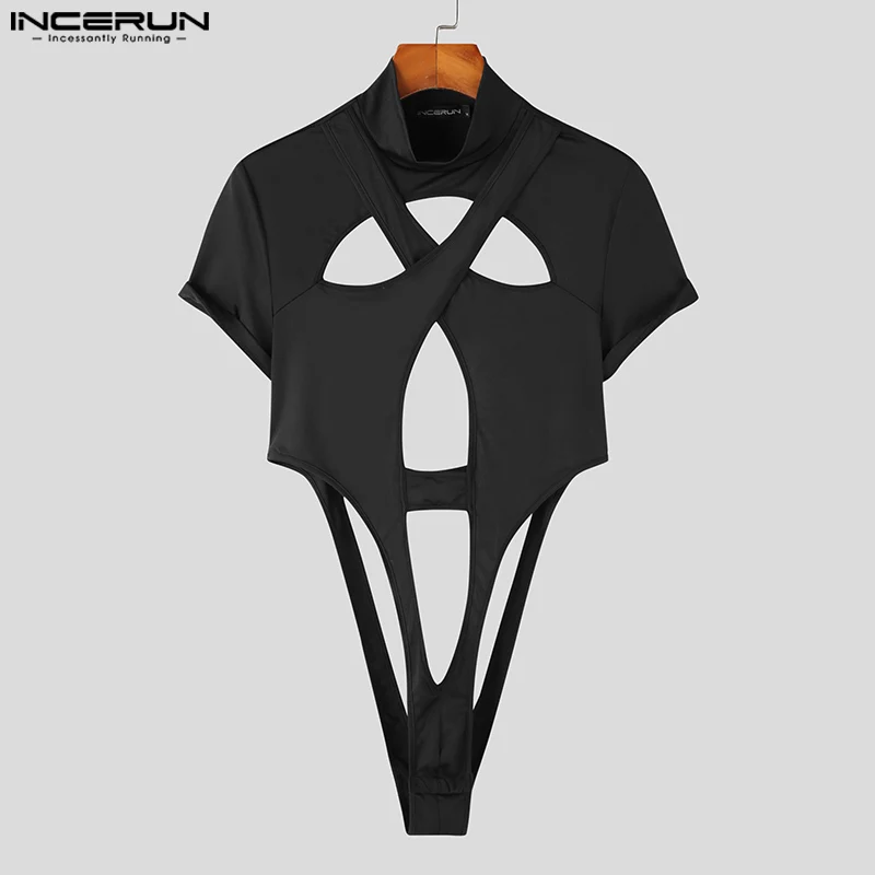 2023 Men Bodysuits Solid Turtleneck Short Sleeve Hollow Out Unisex Rompers Sexy Streetwear Fashion Bodysuits T Shirts INCERUN 7