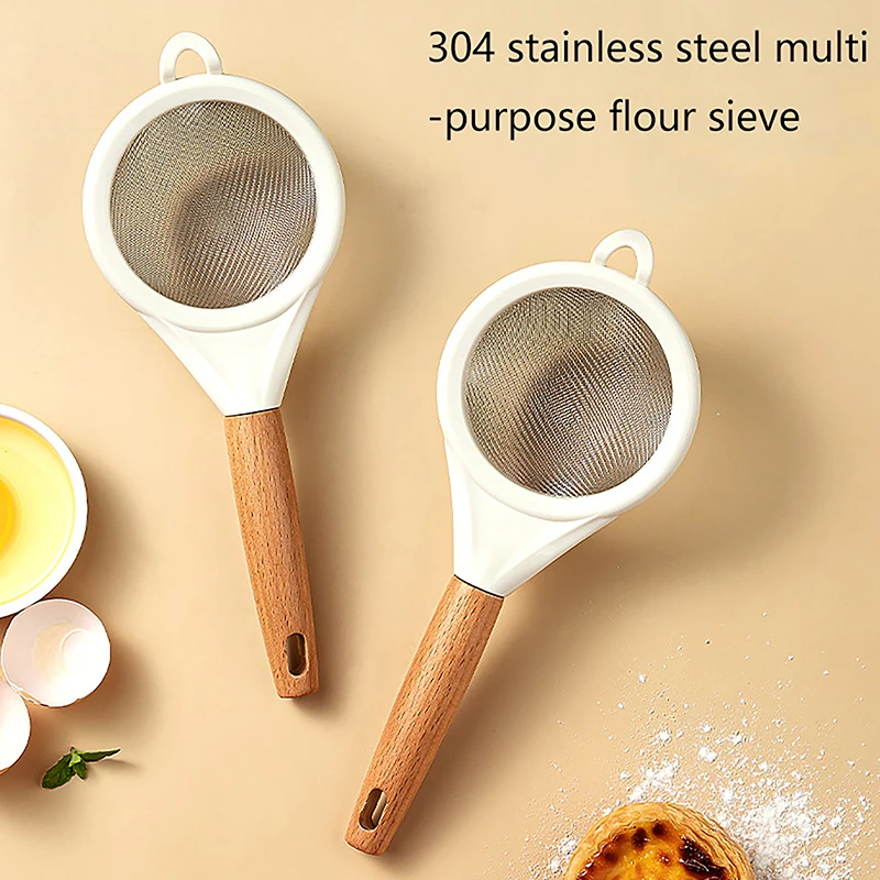 

1Pc Stainless Steel Flour Sieve Sugar Powder Juice Soybean Milk Foam Filter Fine Screen Wooden Handle Kitchen Baking Tool