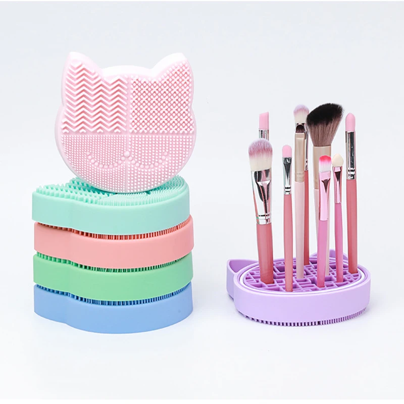 Creative Cosmetic Brush Cleaning Storage Box Silicone Kitty Makeup Brush Drying Brush Holder Cartoon Beauty Rack Scrubbing Pad