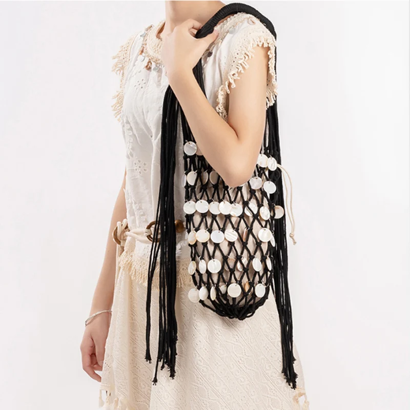 

Shell Slice Casual Shoulder Bag Bucket Bag Hand Woven Tote Bag Women's Summer Vacation Handbag