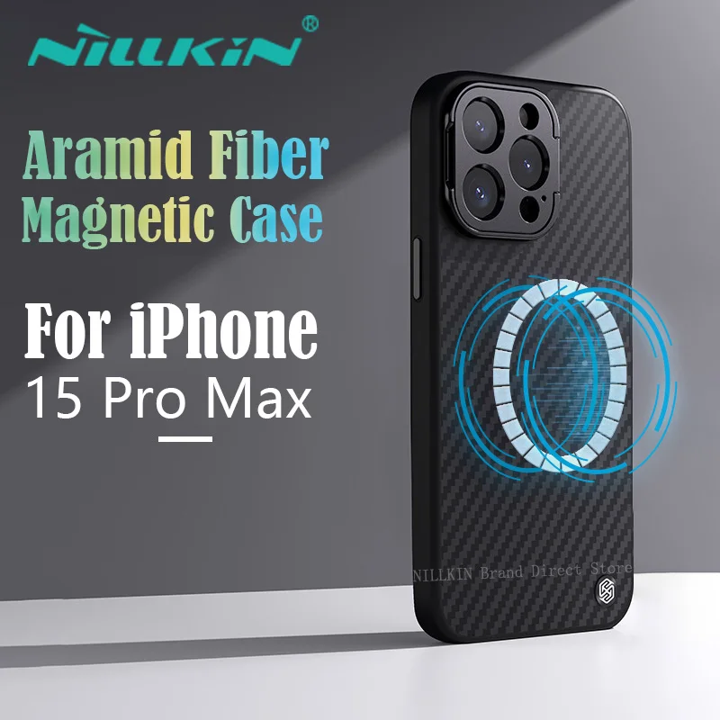 

For iPhone 15 Pro Max Case Nillkin Aramid Fiber Magnetic Case Anti-Slip Kevlar Aluminium Alloy Camera Stand Cover Magsafe Cases