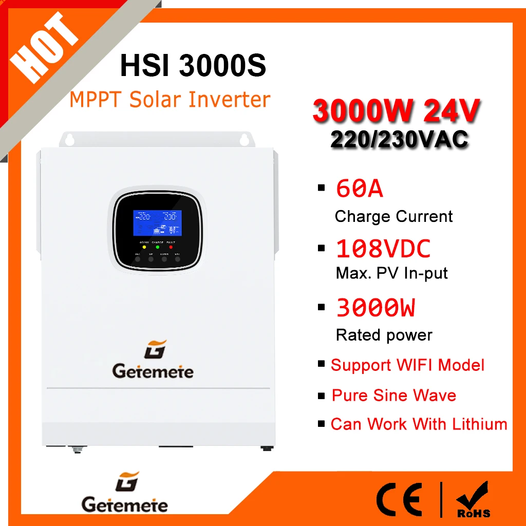 GTMT 3KW 24V 220V/240VAC All-In-One Pure Sine Wave Off-Grid Hybrid Inverter MPPT 60A Solar Charger Max PV Input Voltage 100VDC