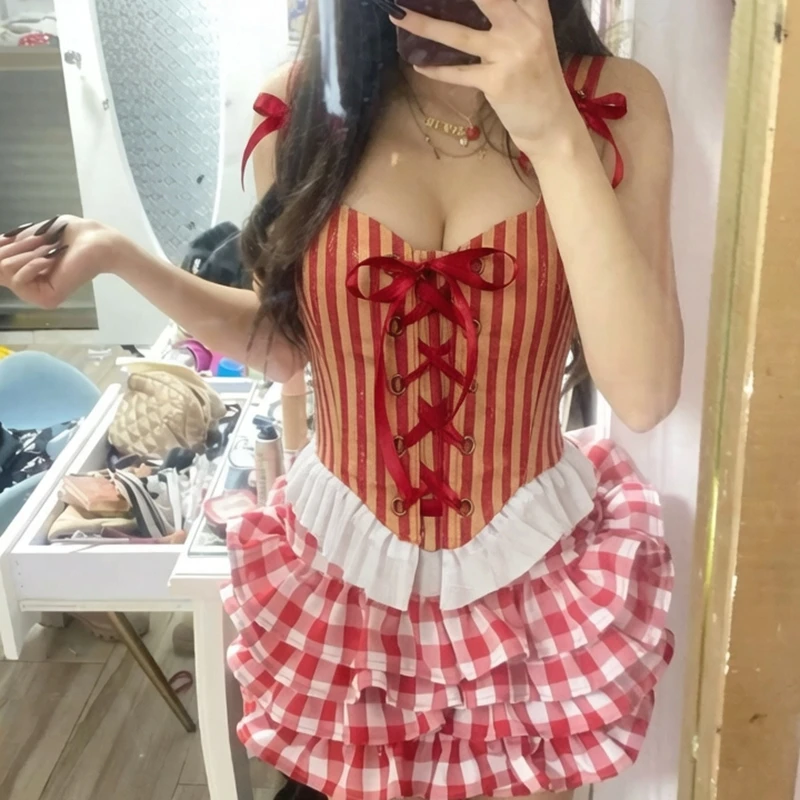 Damen Halloween Clown Cosplay Korsett-Top Rosa Argyle-Karo Schnür-Bustier Schleifenbänder Rüschen-Netzsaum für Zirkus-Kostümparty
