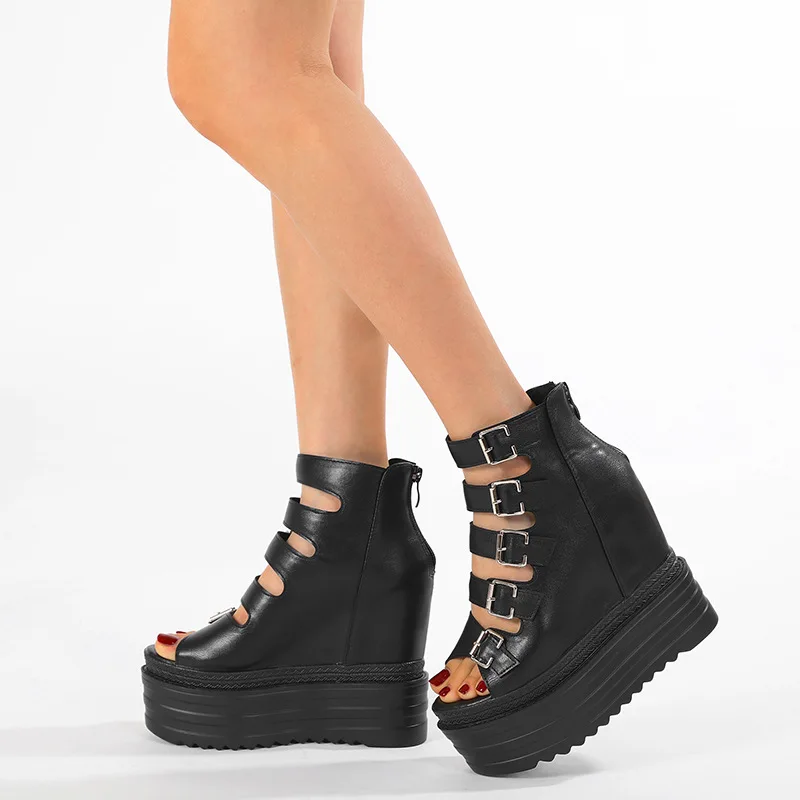 Sandalias de plataforma de suela gruesa para mujer, zapatos de muffin con Boca de pescado hueca de tacón alto de 12,5 cm, estilo coreano, cuñas de aumento, novedad de 2025